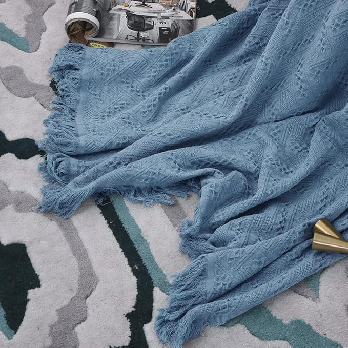 Simple&Opulence 100% Cotton Throw Blanket for Bed, Couch, Boho Luxury Geometric Knit Woven Blanket with Tassels Soft Lightweight Cozy Breathable, Vintage Farmhouse Decoration for All-Season(Blue)