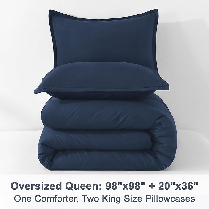 Litanika Navy Blue Comforters Oversized Queen Size, 3 Pieces Lightweight Solid Bedding Comforter Set, All Season Fluffy Bed Set (98x98In Comforter & 2 Pillowcases)