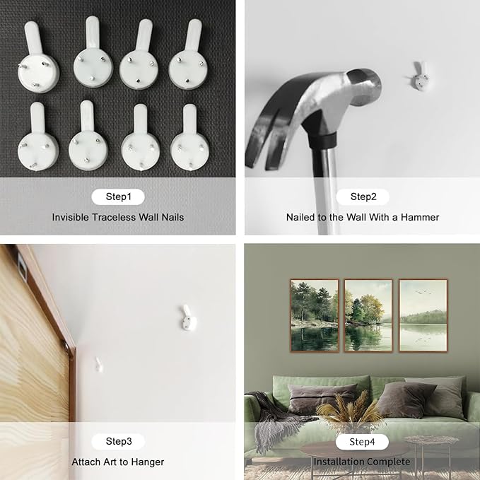 KAIRNE Framed Nature Canvas Wall Art Set,Misty Forest Wall Decor,Green Mountain Forest Pictures,Lake Water Painting set of 3(16”x24”),Landscape Scene Print for Living Room, Bedroom,Gallery Decor