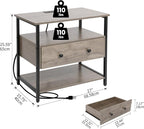 27 Inch Wide Night Stand with Charging Station, Wood Nightstand with Open Shelf, Large Drawer Bedside Table for Living Room/Bedroom/Office (Rustic Gray)