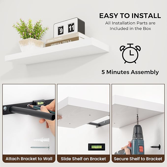 Dreamland 36 inch Floating Shelves Wall Shelves for Office with Invisible Brackets, 8 inch Deep Shelves for Bathroom, Living Room, Kitchen, Office, 36x7.9 inch deep Set of 2, White