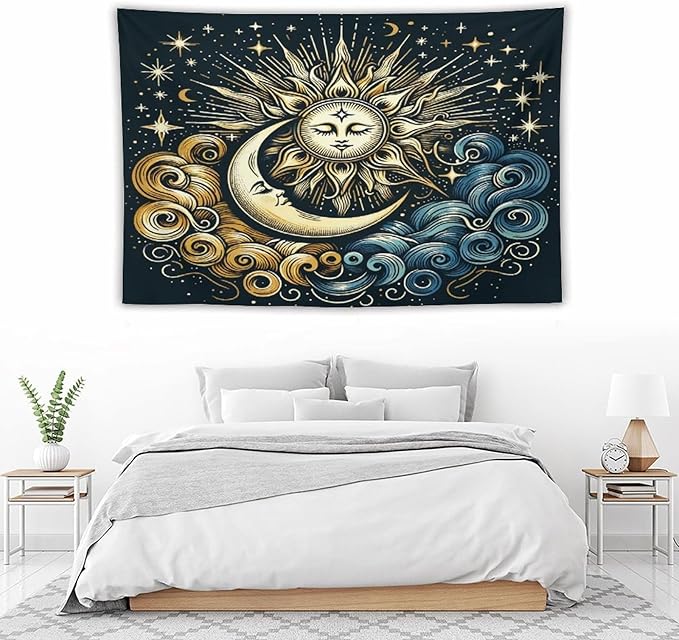 HZOHNAGO Sun Moon Tapestry Boho Golden Stars Pattern Printed Wall Tapestry Wall Hanging for Bedroom Living Room Dorm 60" W x 40" H
