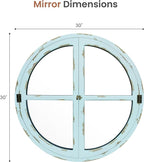 30" Round Window Mirror, Vintage Coastal Wall Mirror with Distressed Blue Wood Frame & Faux Windowpanes, Farmhouse Cottagecore Decor for Living Room, Entryway, or Dining Room
