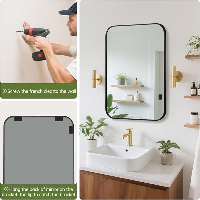 FARMER 26x38 Inch Black Bathroom Mirror, Rectangle Vanity Mirror, Brushed Mirrors for Wall, Metal Frame Hanging Mirror with Round Corner for Bedrooms, Entryways, Living Rooms, Horizontal/Vertical