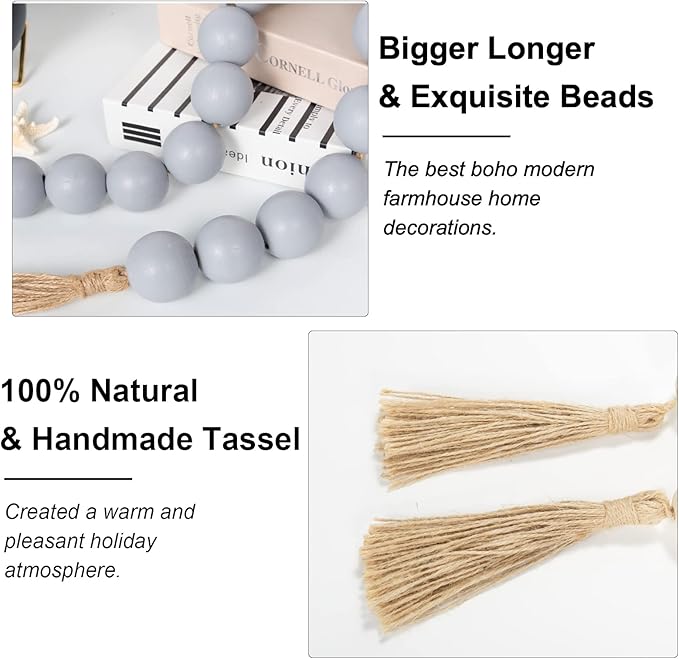 OMISHE Extra Large Wood Bead Garland Grey with 1.6" Diameter Wooden Beads and Tassels, 41" Long Rustic Farmhouse Country Decorative Beads for Home Farmhouse Decor, Grey
