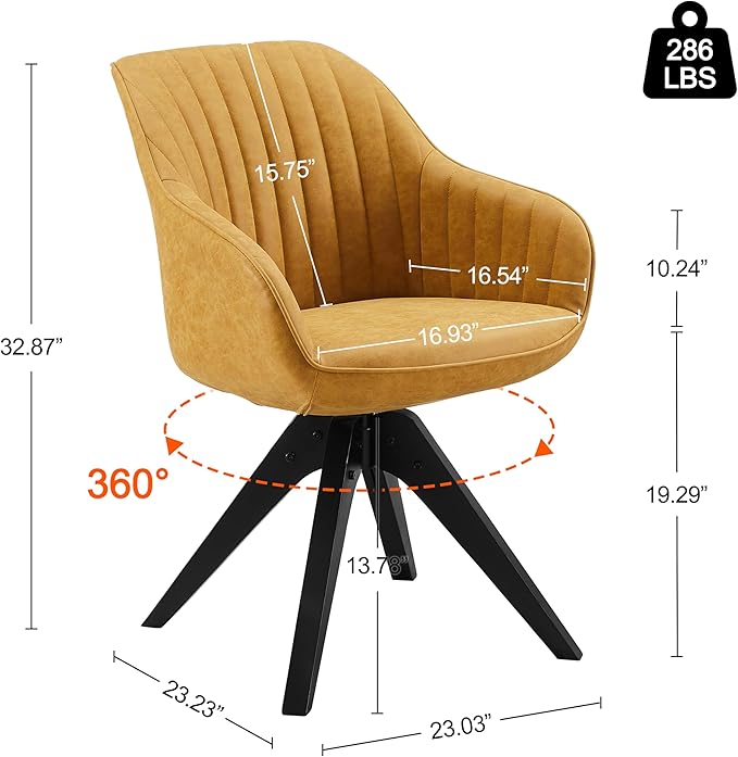 Art Leon Office Chair No Wheels, Mid Century Modern Desk Chair, Swivel Accent Chair with Oak Wood Legs, Faux Leather Upholstered Armchair for Desk, Yellow Brown