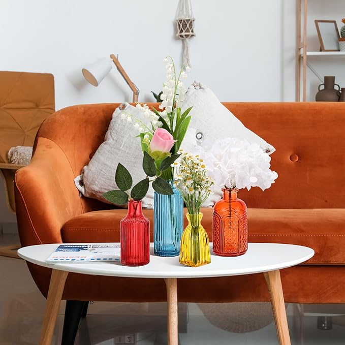 Yaomiao 60 Pcs Vases Bulk Colored Flower Glass Vases Bud Vintage Colored Glass Bottles Colorful Rustic Embossed for Home Wedding Table Decorations Gifts(Vivid Color)