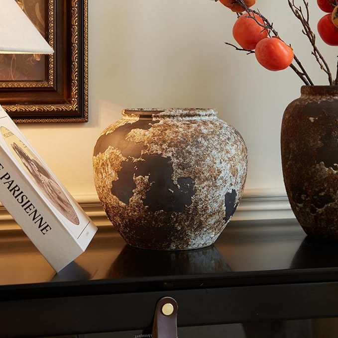 Smiletag Rustic Vase for Home Decor, Farmhouse Terracotta Vases, Stone Vases, Large Vases for Living Room Decor, Rustic Flower Vase Decoration for Living Room, Small