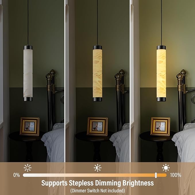 20" Alabaster Pendant Lights, 2PCS Natural Marble Cylinder Black Pendant Light, Adjustable Modern Ceiling Light Fixtures for Kitchen Island, Dining Room, Bedroom, Living Room, Bathroom