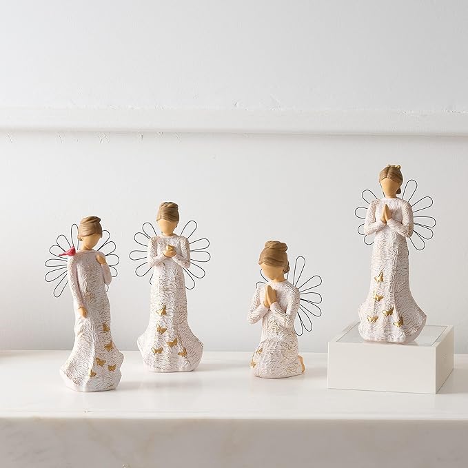 4 Piece Set Sympathy Angel Figurines for Loss of Loved Ones Angel Statues Home Decor Serenity Prayer Grieving Remembrance Bereavement Gifts for Women Resin Sculpted Hand-Painted Figure Prayer Hands