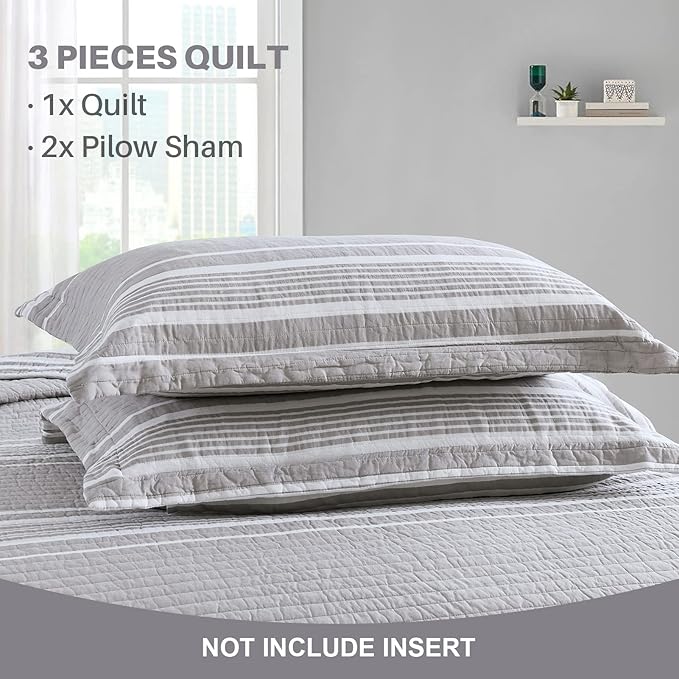 Y-PLWOMEN Quilt King Size - 100% Cotton King Quilt, Grey Striped Quilt for King Bed, Lightweight Reversible King Size Bedspread for All Season, 3-Piece