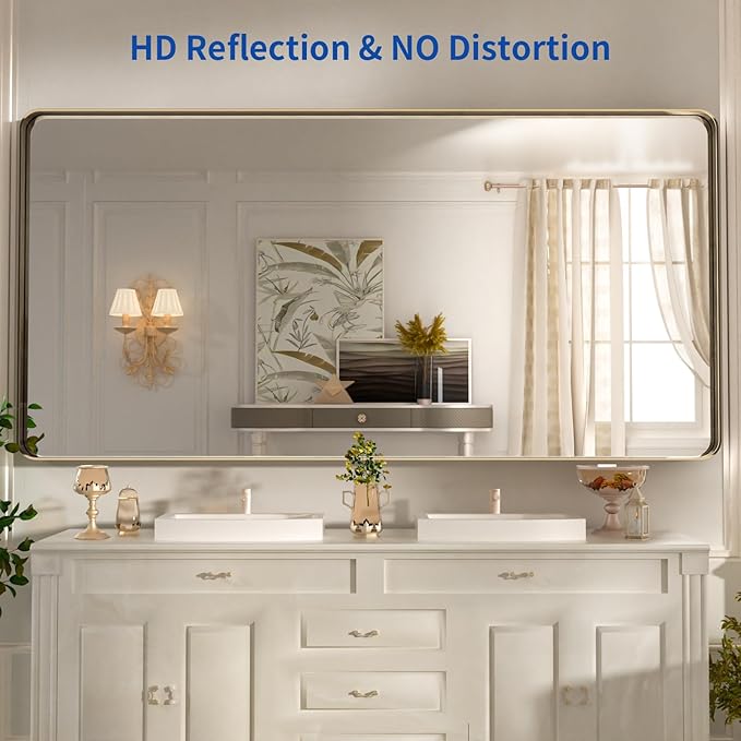 WEER 72x36 Inch Bronze Bathroom Mirror for Vanity, Brushed Bronze Metal Frame Mirror for Wall, Rounded Rectangle Bronze Frame Mirror with Tempered Glass, Anti-Rust (Horizontal/Vertical)