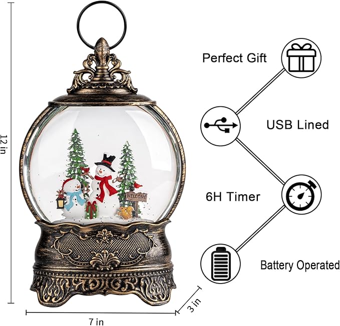 Christmas Snow Globes, Snowman Family Squirrel Cardinal Water Lantern, 8 Christmas Music, USB Powered & Battery, Holiday Decorations Gifts for Family Children or Friends