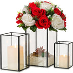 Glass Hurricane Candle Holder Large - Hewory 3pcs Black Rectangle Flower Holders Centerpiece for Table, Tall Floor Square Pillar Candle Lantern for Wedding, Anniversary, Party, Fireplace, Dining Room