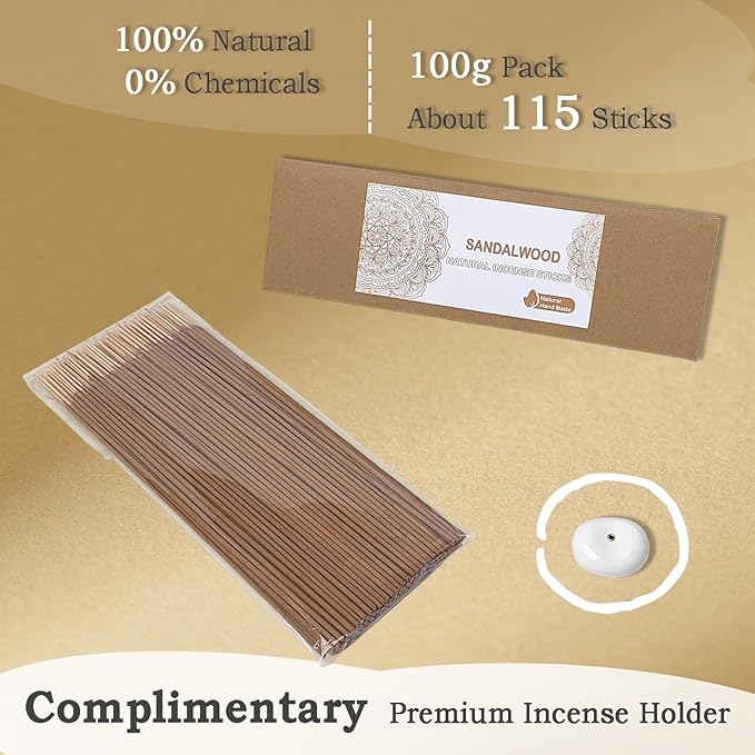 Sandalwood Incense Sticks Aromatic Sticks (100 Gm Pack + Free Holder) Organic, Low Smoke, Yoga, Meditation Relaxation, Aromatherapy (100 Gm, Sandalwood)