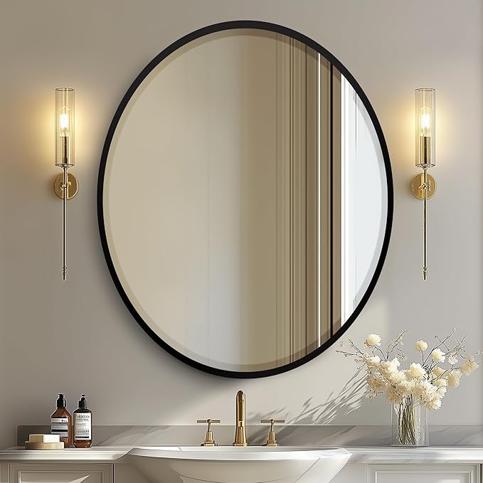 OVALCREST - Oval Wooden Beveled Wall Mirror for Home Decor, Bathroom, Vanity, Bedroom, Living Room, Hallway - London Style (Matte Black) 21.1 x 25.1