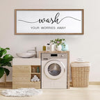 Wash Your Worries Away Wall Art Sign 32"×12" Laundry Room Large Wood Framed Restroom Toilet Wall Decor Hanging (Wood)