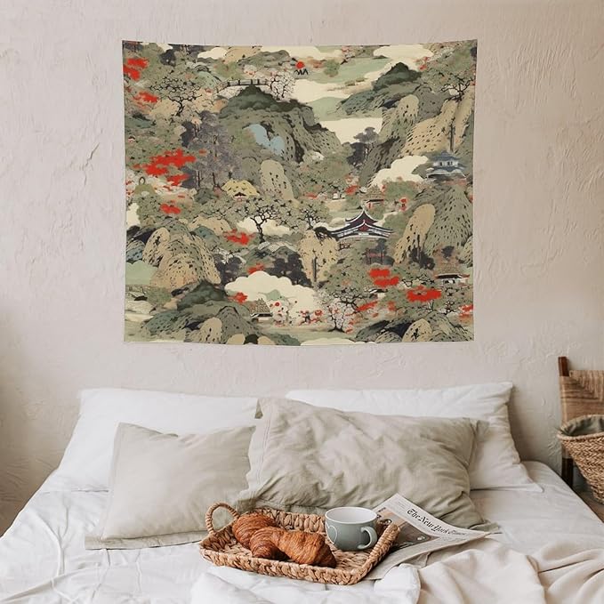 Asian Tapestry,Japanese Red Landscape Asian Watercolor Abstract Art Tapestry, Asian Japanese Wall Tapestry, Nature Landscape Tapestries for Bedroom Living Room Decor 60"x50"