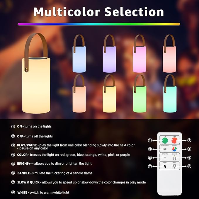 Portable Solar Table Lamp 2 in 1 Charging Outdoor Lantern with Remote RGB Cordless Lights, Water-Resistant IP44 for Patio Terrace Camping Garden Balcony