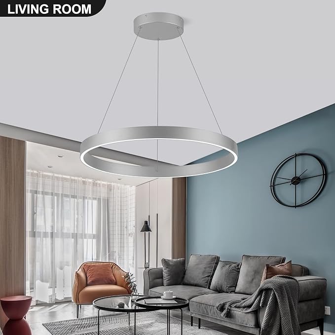 Room Decor Modern LED Chandelier 23.62'' Dimmable 1-Ring Chandelier 76W Circular Pendant Light for Dining Room Kitchen Island Bedroom, 6000K, Silver UL Listed