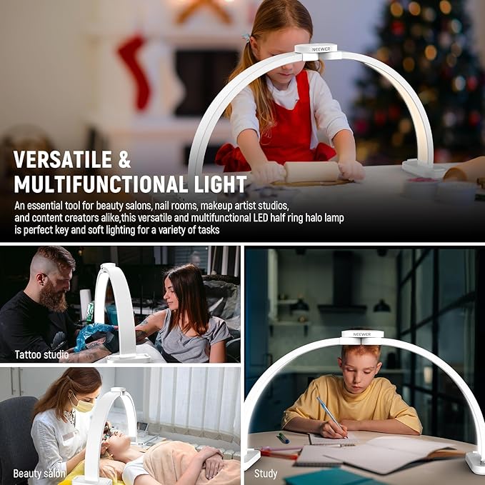 NEEWER Basic HM01-D 29" Arc Lamp, 40W Foldable LED Half Moon Table Nail Tech Light for Desk 3000K-6500K 3400lux/0.5m CRI95 USB Charging Phone Holder for Manicure Makeup Beauty Tattoo Overhead Shooting