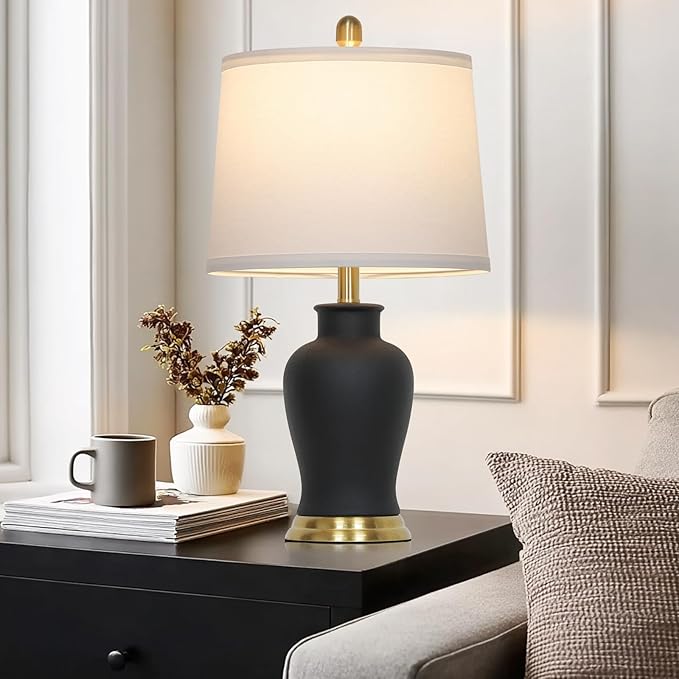 23" Modern Black Ceramic Table Lamps Set of 2, Farmhouse Table Lamps for Living Room, Classic Bedside Lamp with Ginger Jar Design, Elegant Bedroom Lamp for Night stand Desk Side End Table Home Decor
