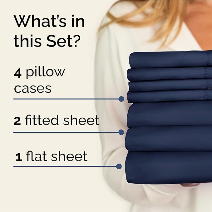 Split King Bed Sheet Set - 7 Piece Split King Bed Sheet Set - Soft Hotel Luxury Bedding - Cooling, Comfy & Breathable - 1 Flat & 1 Fitted & 4 Pillowcases with Deep Pockets - Wrinkle Free - Navy Blue
