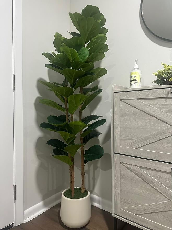 GarveeHome 5 ft Faux Fiddle Leaf Fig Tree with White Pot, Faux Trees with Artificial Plants 56 Fiddle Leaves Greenery - Lifelike Fake Tree for Home Office Store Room Decor Indoor Outdoor