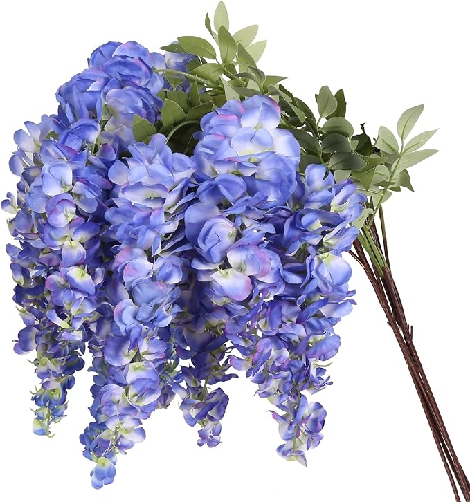 4PCS Blue Artificial Wisteria Hanging Flowers 40'' Tall Lush Fake Wisteria Flowers for Floor Vases Silk Flowers for Wedding Arch Ceremony Window Box Home Garden Backdrop Decoration (Blue)
