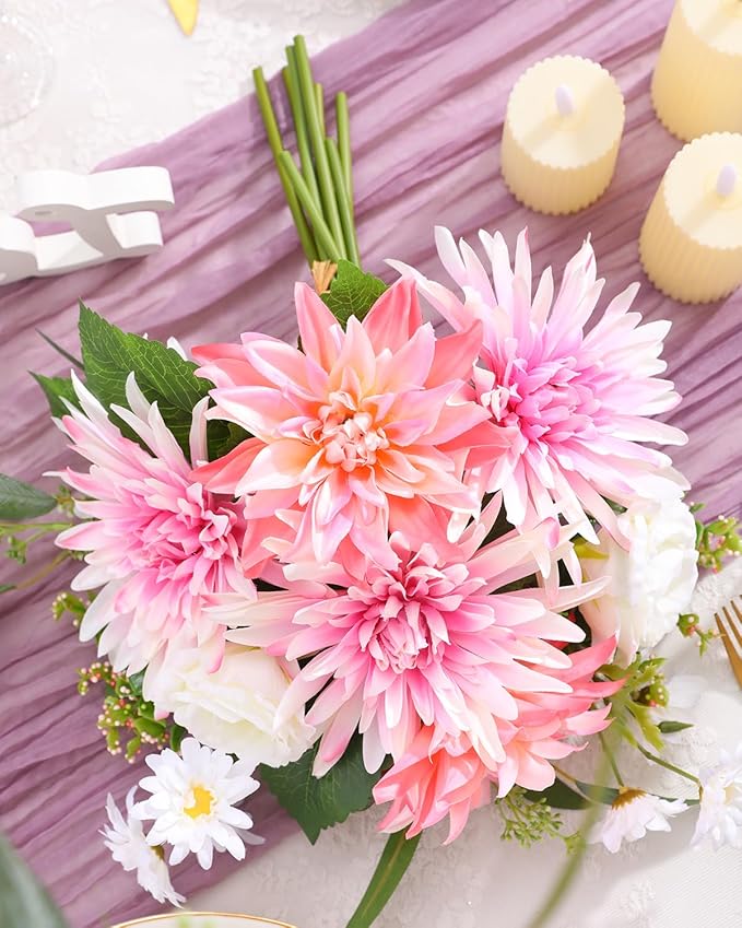 Nubry Fake Artificial Flowers in Vase,Faux Silk Dahlia Flower Bouquet Floral Arrangement Fake Plant Decor for Tables Centerpieces,Home Office Party Wedding Decor(Pink with Vase)