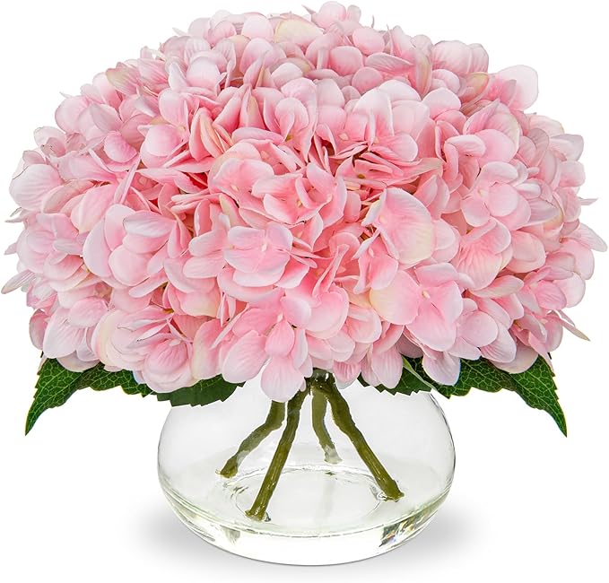 Hollyone Hydrangea Artificial Flowers with Glass Vase Pink Silk Faux Flowers Arrangements with Clear Faux Water Fake Floral Bulk Bouquet for Home Decor Table Centerpiece Decorations