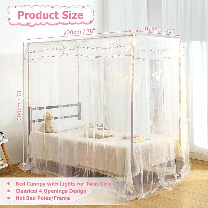 Twin Size Bed Canopy with Lights, Bed Canopy for Girls Princess with Luminous Stars, Canopy Bed Curtains for Twin Bed Kids Indoor Decor Bedroom, 4 Corner Post Bunk Bed for Student Dormitory, White