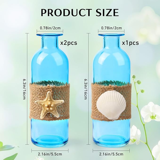 Shell Vase Set of 3 Blue Coastal Vase,Small Starfish Seashell Flower Glass Vases Handcrafted for Beachy Decor,Beach Wedding/Party Beach Home Decor (Blue)