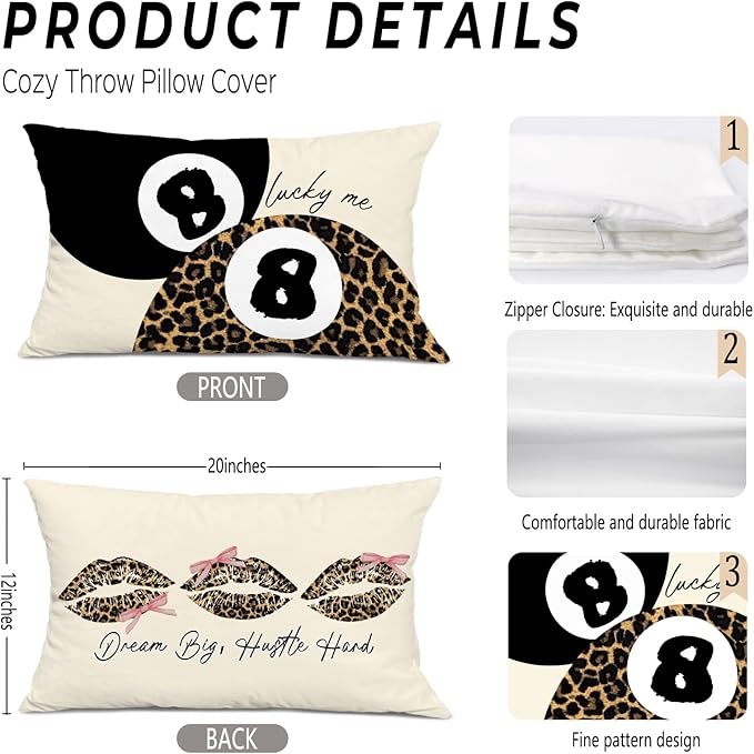 Coquette Pink Bow Leopard Print Lips Lucky 8 Ball Throw Pillow Covers 20x12, Cheetah Print Room Decor, Funky Y2K Leopard Decorative Pillow Covers for Girls Room Dorm Apartment Home