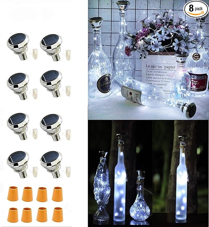 Solar Cork Lights Outdoor - Waterproof Fairy Lights for Wedding Party, Garden, Patio & Pathway Decor - Suitable for Most Wine Bottle Mouths - Cool White (8 Pack)
