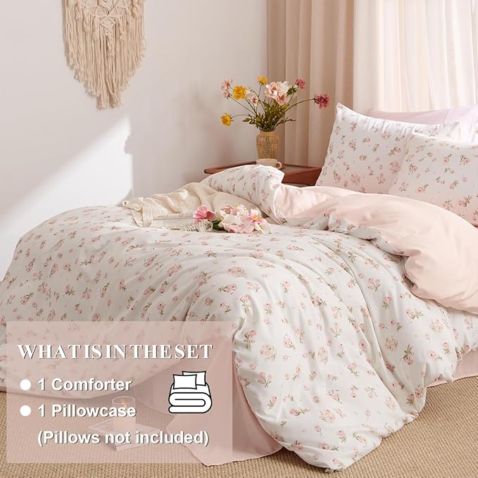 Floral Comforter Set Twin Size - 2 Pieces Pink White Floral Comforter Bedding Sets Reversible Pattern,Twin Bed in a Bag with Flowers Comforter and 1 Pillowcase