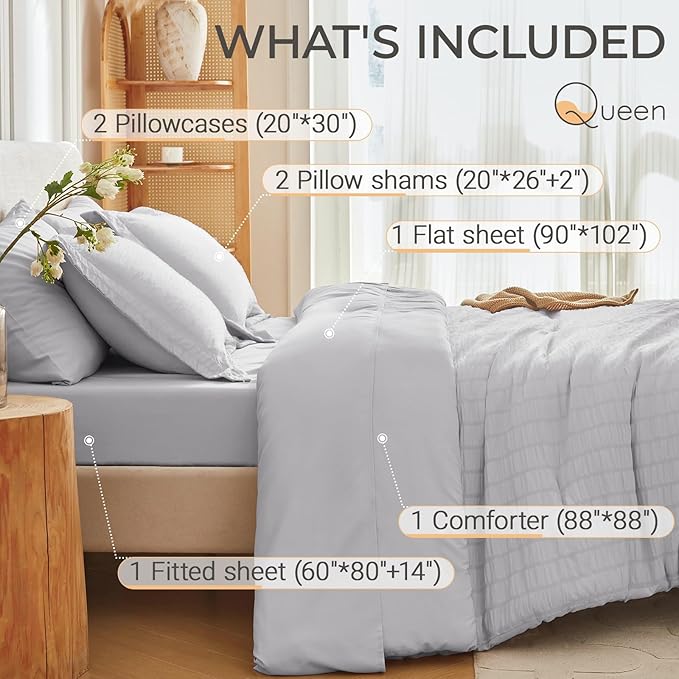 MUXHOMO 7 Pieces Queen Comforter Set, Seersucker Bed in a Bag Queen Size, All Season Luxury Bedding Set with Comforter, Flat Sheet, Fitted Sheet, Pillowcases & Shams, Light Grey