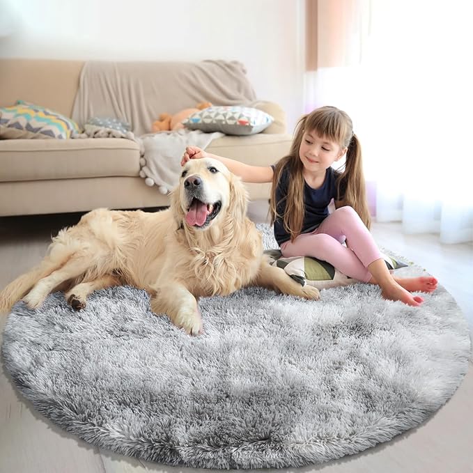 Tie-Dyed Fluffy Round Rug,Soft Area Rugs for Girls Room,Shaggy Rugs 5'X5' for Living Room,Non Slip Circle Rug for Kids Bedroom,Shag Plush Nursery Rug,Plush Carpet for Dorm,Furry Room Decor,Light Grey