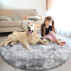 Tie-Dyed Fluffy Round Rug,Soft Area Rugs for Girls Room,Shaggy Rugs 5'X5' for Living Room,Non Slip Circle Rug for Kids Bedroom,Shag Plush Nursery Rug,Plush Carpet for Dorm,Furry Room Decor,Light Grey