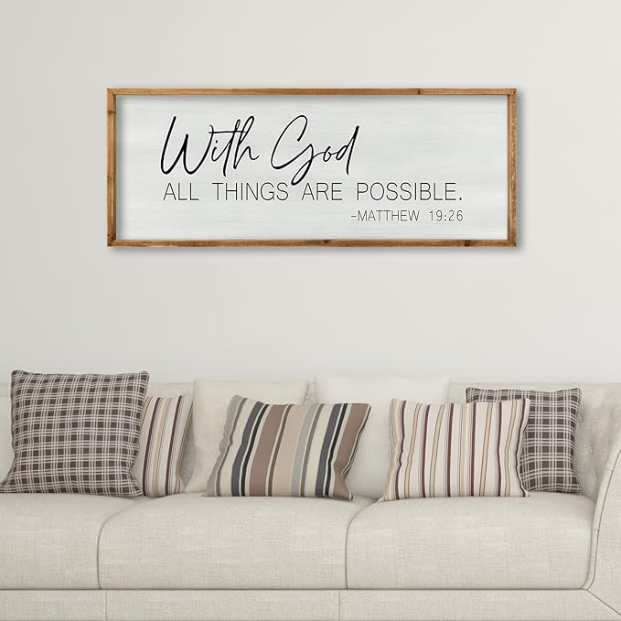 ZZJJHYWGQ Bible Verse Wall Decor With God All Things Are Possible 32"×12" Christian Religious Home Inspirational Print Catholic Sign for Living Room Religious Faith Large Hanging Art (Wood)