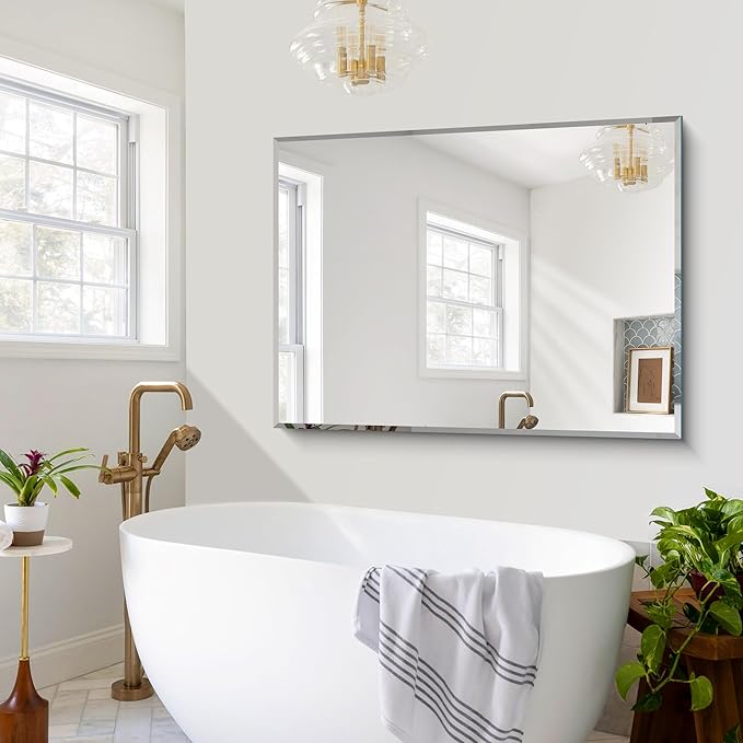 55x36 Large Beveled Mirror, Frameless Beveled Bathroom Mirrors for Over Sink, Upgraded Shatterproof Beveled Frameless Vanity Mirror for Bathroom,Bedroom,Living Room and Entryway