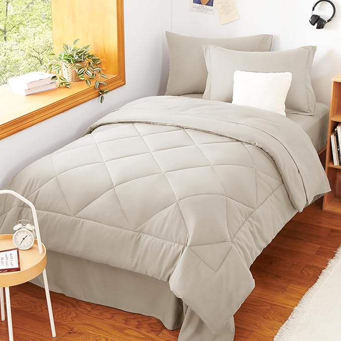 CozyLux Twin XL Comforter Set Beige - 5 Pieces Twin Extra Long Bed in a Bag for College Dorm, All Season Bedding Set for Girls and Boys, Soft Bed Set with Comforter, Sheets, Pillowcase & Sham