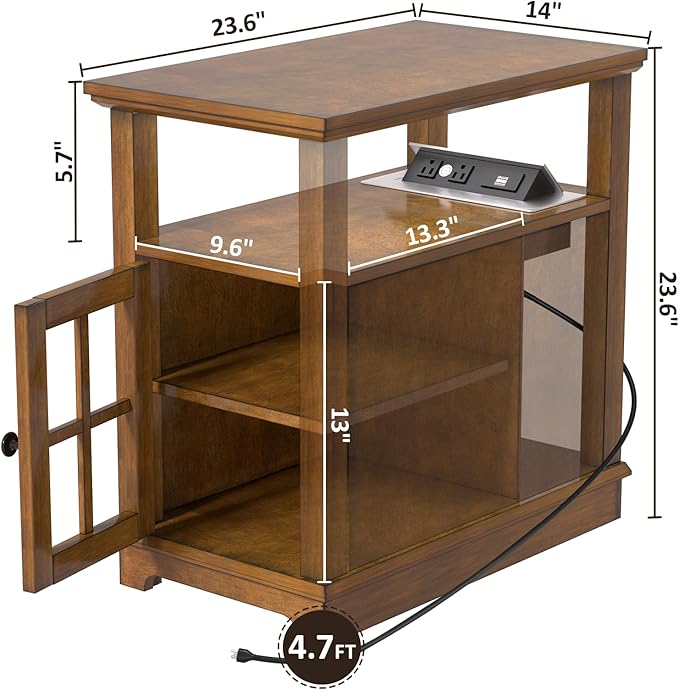 HIFYOBRO End Table with Flip Top Charging Station, Adjustable Shelf, Type-C & USB Port & Power outlets, Wooden Nightstand, Side Table with Storage for Living Room and Bedroom