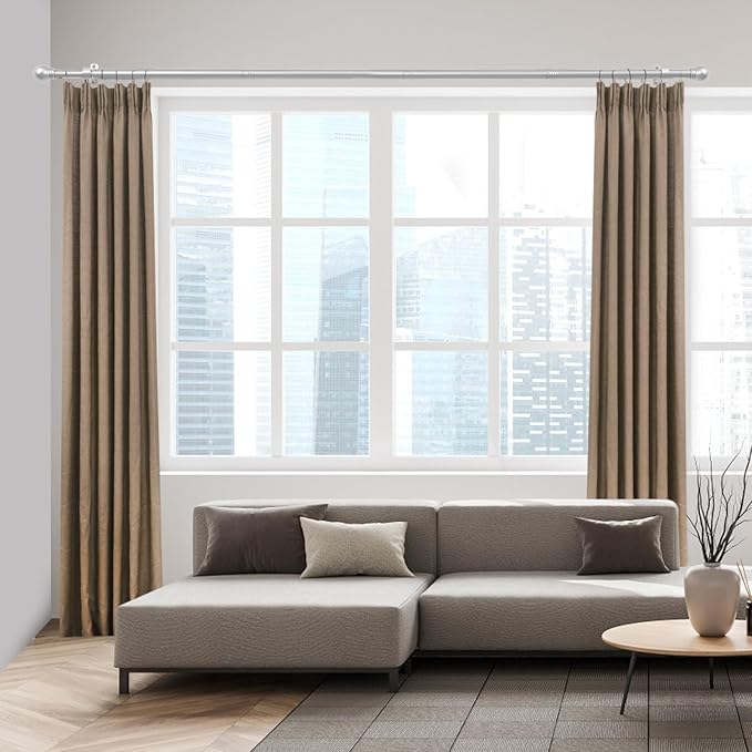 Curtain Rods for Windows 16 to 120 Inches, Curtain Rod Max Adjustable Length of 132 IN, 6/8" Diameter Drapery Rods Round Finials, Satin Silver, Pack of 2