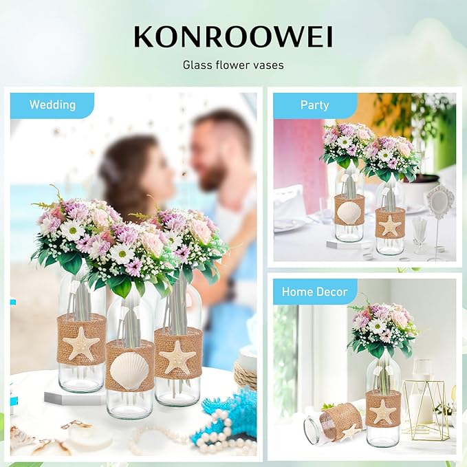 Shell Vase Set of 3 Coastal Vase,Small Starfish Seashell Flower Glass Vases Handcrafted for Beachy Decor,Beach Wedding/Party Beach Home Decor (Clear)