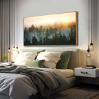 Living Room Wall Art Sunrise Misty Forest 24"x48" Modern Home Wall Decor Plants Wall Decorations Framed Artwork for Bedroom Dining Room Office Hotel