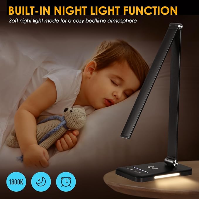 LED Desk Lamp with Wireless Charger, USB Charging Port, Night Light, 5 Color Modes, 10 Brightness, Eye Caring Reading Table Lamp for Home Office, Touch Control, Auto-Timer, Adapter Included