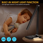 LED Desk Lamp with Wireless Charger, USB Charging Port, Night Light, 5 Color Modes, 10 Brightness, Eye Caring Reading Table Lamp for Home Office, Touch Control, Auto-Timer, Adapter Included