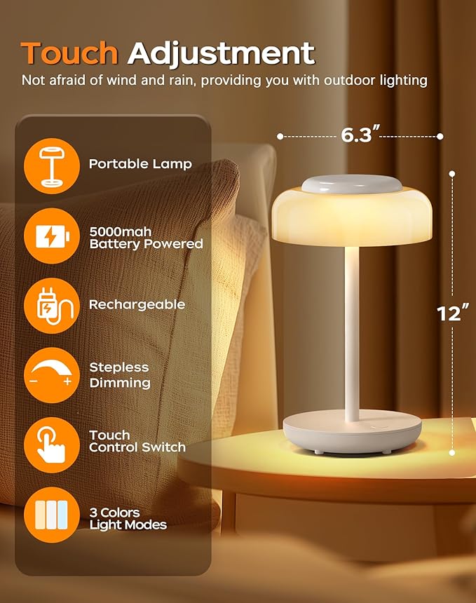 QiMH Battery Operated LED Table Lamp, 5000mAh Rechargeable Cordless Lamp Set of 2, Stepless Dimmable Touch Control, Small Waterproof Desk Night Light for Living Room, Bedroom, Outdoor Bar (White)