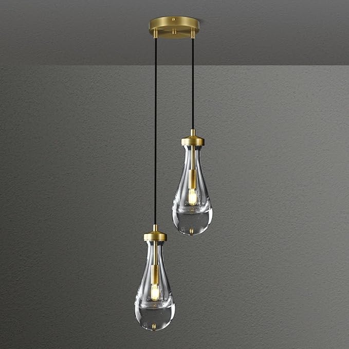 Modern Raindrop Pendant Lights, Brass Cluster 2-Light Pendant Lights Kitchen Island, Gold Bedside Pendant Lighting, Adjustable Suspension Cord for Dining Room,Bathroom,Bedroom,Bulb Included